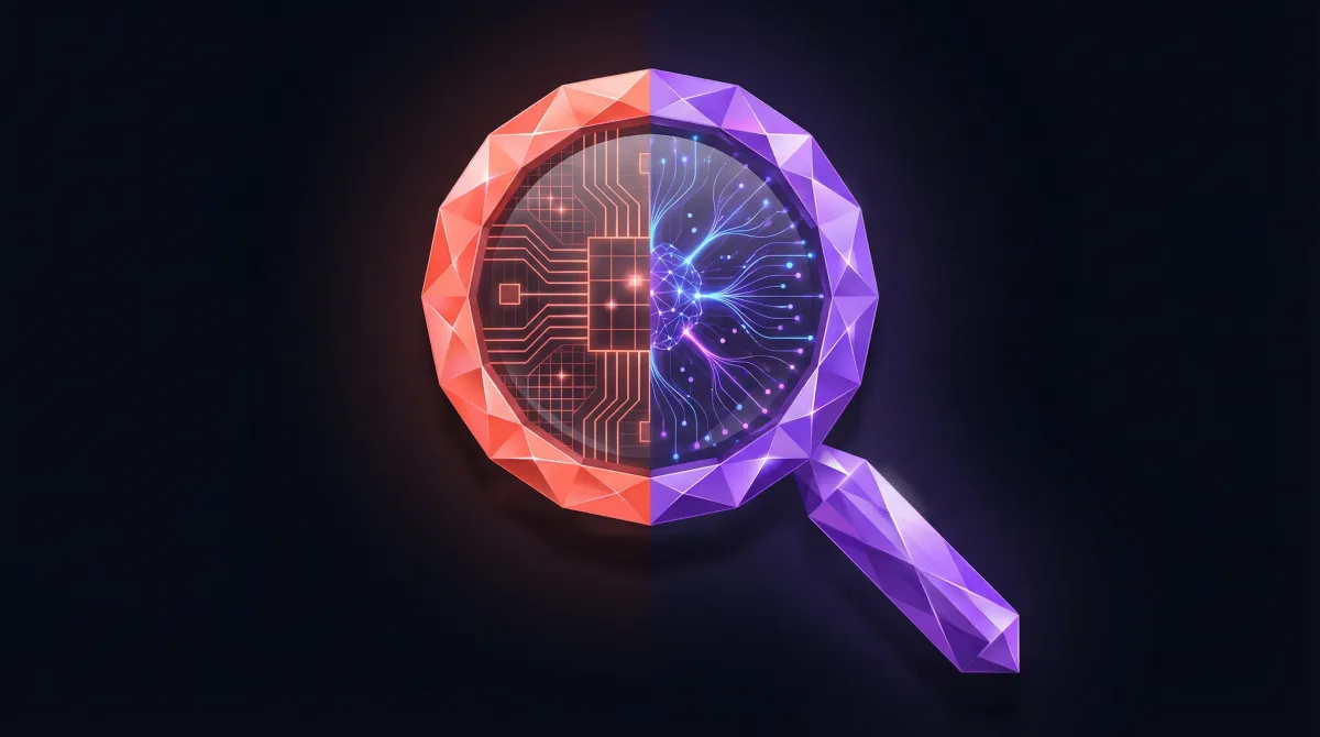 Abstract split composition comparing AI search optimization and traditional SEO, coral geometric form versus violet geometric form