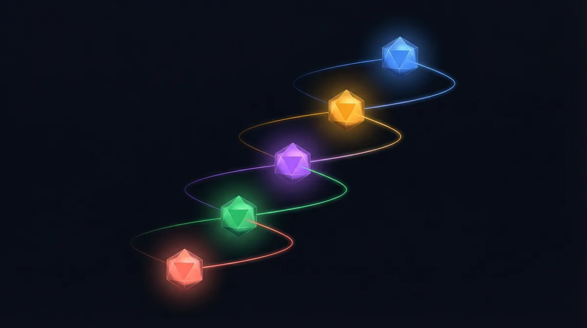 Abstract illustration of AI answer engine optimization with coral, green, and violet geometric shapes on a dark background
