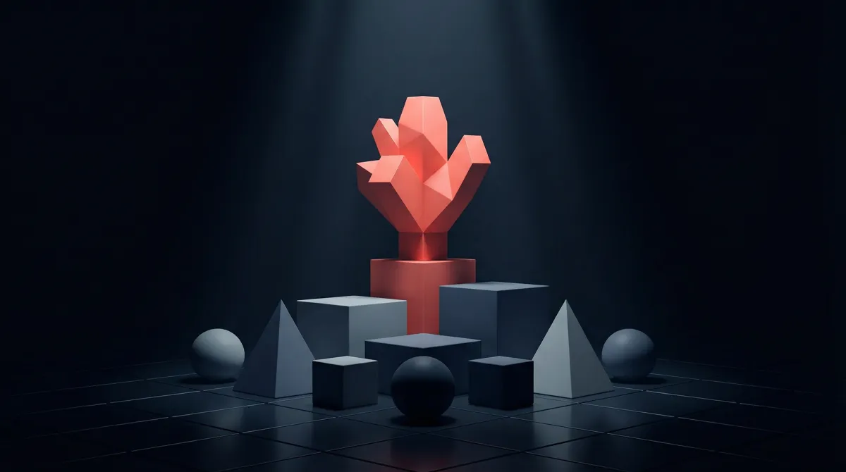 Abstract geometric composition with coral crystal representing Claude SEO strategy