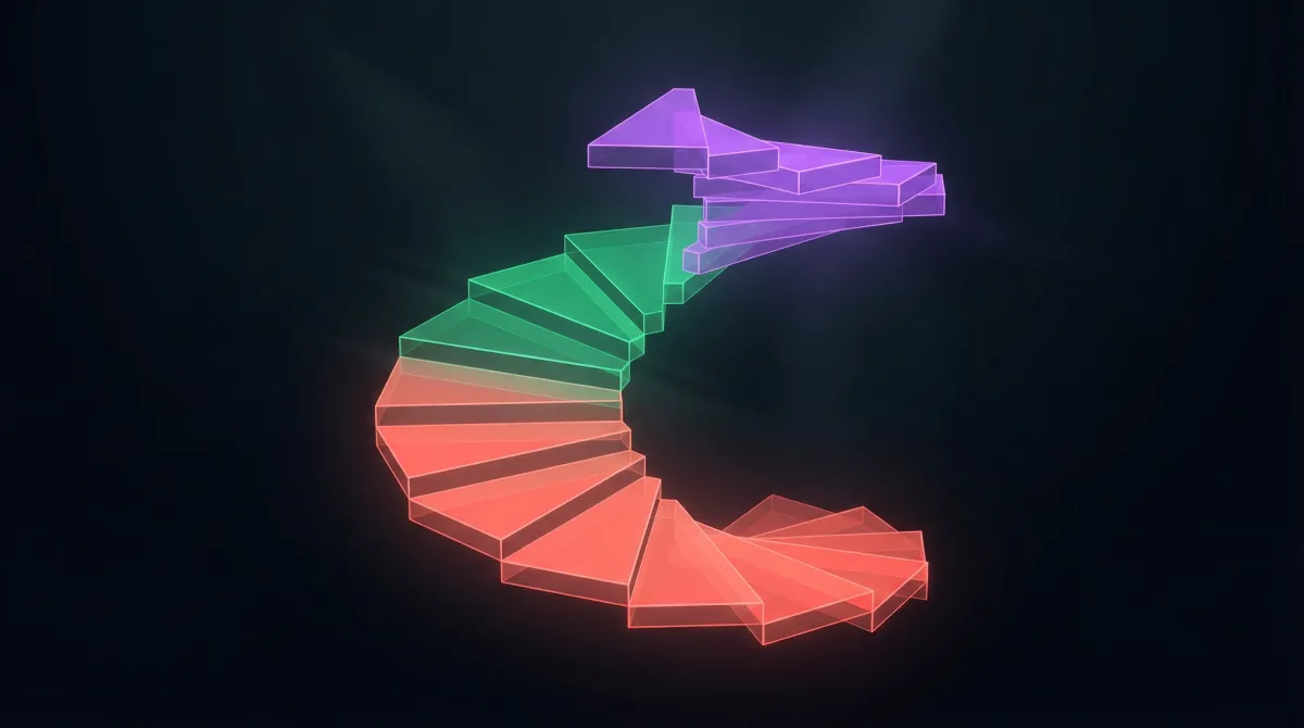 Abstract ascending staircase of luminous geometric planes progressing from coral to green to violet, representing a step-by-step optimization journey