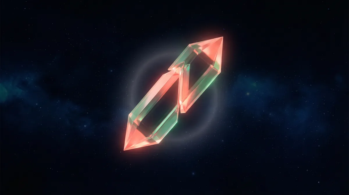 Abstract crystalline form glowing coral and green, representing AI search tool analysis